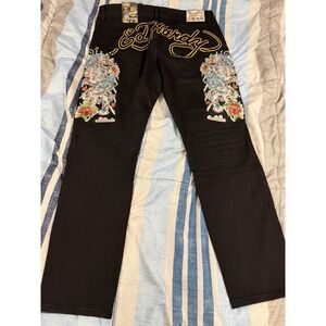 New Ed Hardy Slim Straight Jeans Men's 38X32 Embroidered Tiger Floral Y2K Grunge
